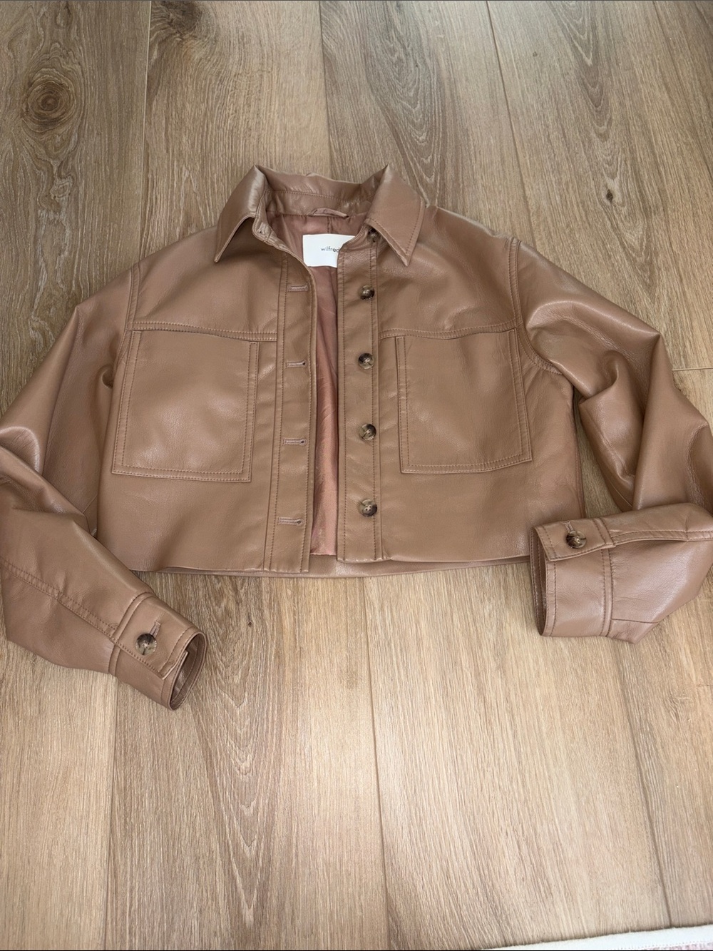 Aritzia Cropped Vegan Leather Jacket in Camel Brown